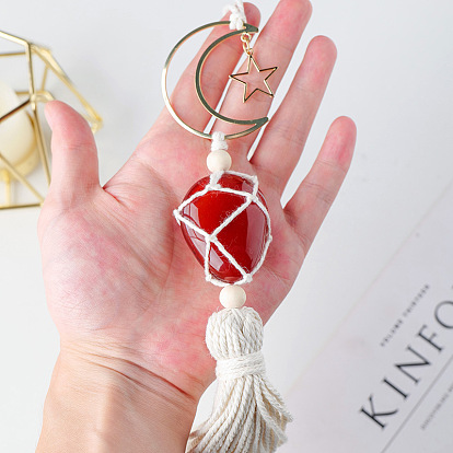 Hanging Moon Star Braided Macrame Ornaments, Tumbled Gemstone Pendant Decorations, with Cotton Tassel
