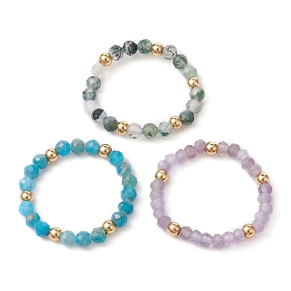 3Pcs 3 Style Natural Mixed Gemstone Round Beaded Stretch Rings Set, Stackable Rings