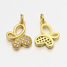 Brass Micro Pave Cubic Zirconia Butterfly Pendants, Cadmium Free & Nickel Free & Lead Free, 14x12x2mm, Hole: 3mm