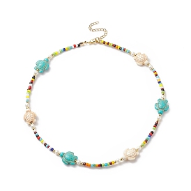 Collar de cuentas de semillas de vidrio y perlas de concha y turquesa sintética teñida de tortuga, joyas temáticas del océano para mujer.