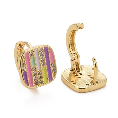 Colorful Enamel Stripe Rectangle Hoop Earrings with Cubic Zirconia, Rack Plating Brass Jewelry for Women, Cadmium Free & Lead Free & Nickle Free