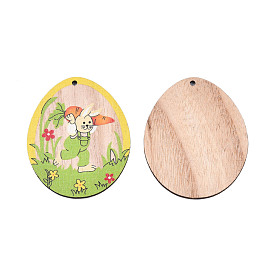 Single-Sided Printed Wood Big Pendants, Oval Charm with Rabbit Pattern