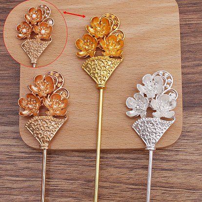 Iron Hair Stick Findings, with Alloy Cabochons Setting, Plum Blossom