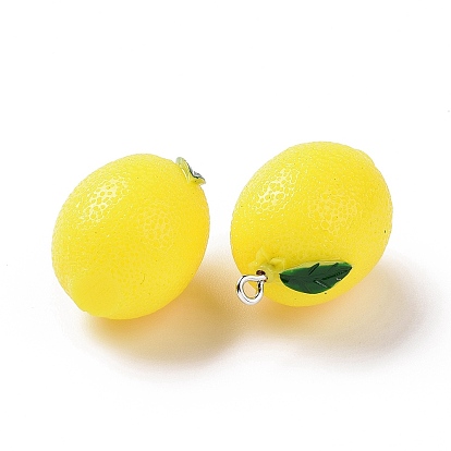 Opaque Resin Fruit Pendants, Lemon Charms, with Platinum Tone Iron Loops