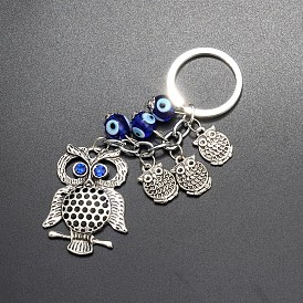 Metal Owl Keychains, with Evil Eye Lampwork Beads