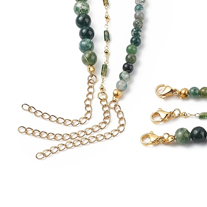 3Pcs 3 Style Brass Heart Locket Pendant Necklaces Set, Natural Moss Agate & Pearl & Synthetic Hematite Beaded Stackable Necklaces for Women