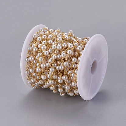 Cadenas de cuentas de perlas imitaion acrílicas hechas a mano, sin soldar, con fornituras de latón, larga duración plateado, rondo, con carrete