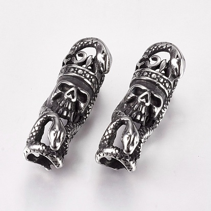 304 Stainless Steel Hollow Tube Beads, Snake and Skull, Large Hole Beads