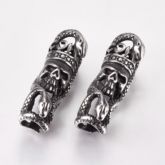 304 Stainless Steel Hollow Tube Beads, Snake and Skull, Large Hole Beads
