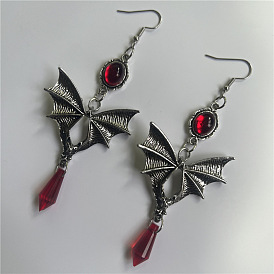 Gothic Punk Style Red Gem Pendant with Bat Wing Earrings - Unique and Edgy.