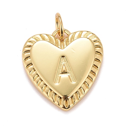 Rack Plating Real 18K Gold Plated Brass Pendants, with Jump Rings, Long-Lasting Plated, Lead Free & Cadmium Free & Nickel Free, Heart with Letter A~Z