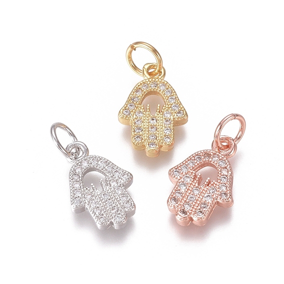 Brass Micro Pave Clear Cubic Zirconia Charms, with Jump Rings, Hamsa Hand/Hand of Fatima /Hand of Miriam