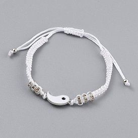 Adjustable Nylon Cord Braided Bead Bracelets, with Alloy Enamel Gossip/Yin Yang Links and Alloy Rhinestone Spacer Beads, White