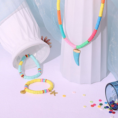 Bracelets extensibles et ensembles de bijoux collier pendentif, perles de heishi en pâte polymère faites main, laiton perles d'entretoise, apprêts en alliage et pendentifs en turquoise synthétique