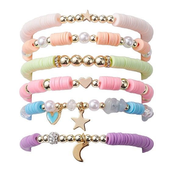 6Pcs 6 Style Polymer Clay & ABS Plastic Pearl Beaded Stretch Bracelets Set, Brass Star & Heart & Moon Charms Stackable Bracelets