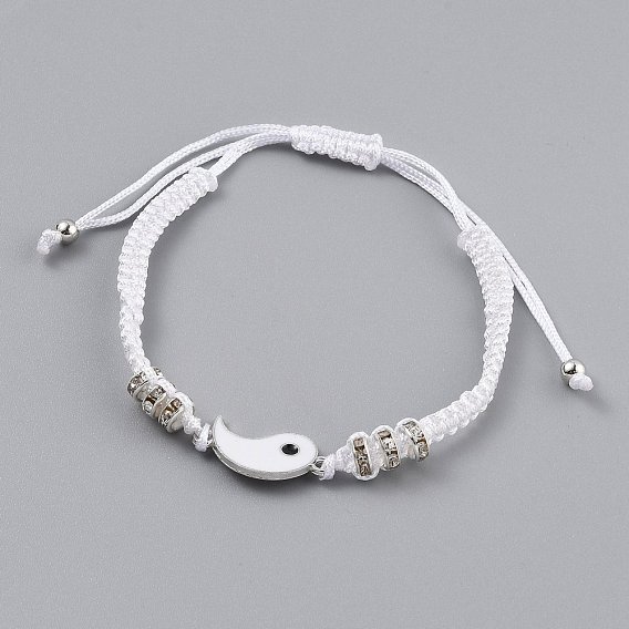 Nylon ajustable pulseras de cuentas trenzado del cordón, con eslabones de chismes / yin yang de esmalte de aleación y cuentas espaciadoras de diamantes de imitación de aleación, blanco