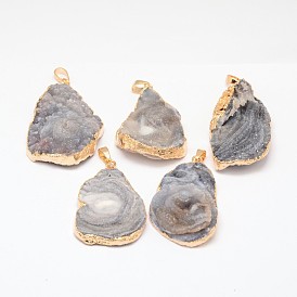 Nuggets Natural Druzy Agate Pendants, with Brass Findings, 40~60x22~35x5~15mm, Hole: 7x5mm