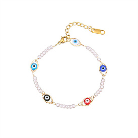 Stainless Steel Enamel Evil Eye Link Chain Bracelets for Women, with Plastic Imitation Pearl Beads, Golden