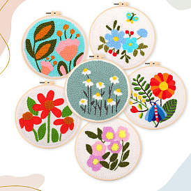 Kits de broderie de poinçon de motif fleur/lapin bricolage, y compris le tissu en coton imprimé, fil à broder et aiguilles, cerceau à broder
