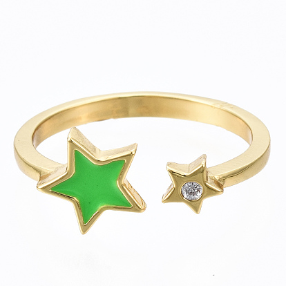 Brass Micro Pave Clear Cubic Zirconia Cuff Rings, Open Rings, with Enamel, Cadmium Free & Nickel Free & Lead Free, Star, Golden