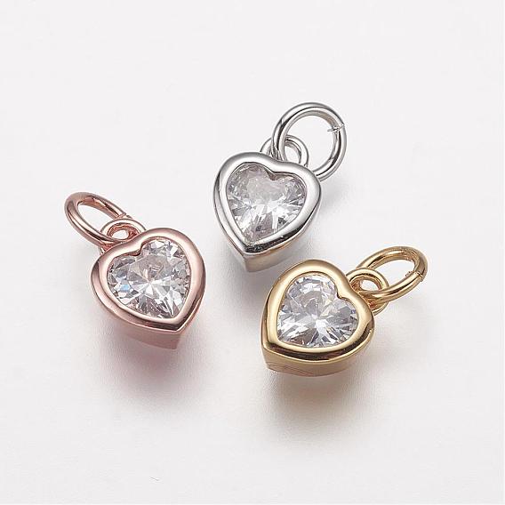 Brass Micro Pave Grade AAA Cubic Zirconia Charms, Lead Free & Nickel Free & Cadmium Free, Heart