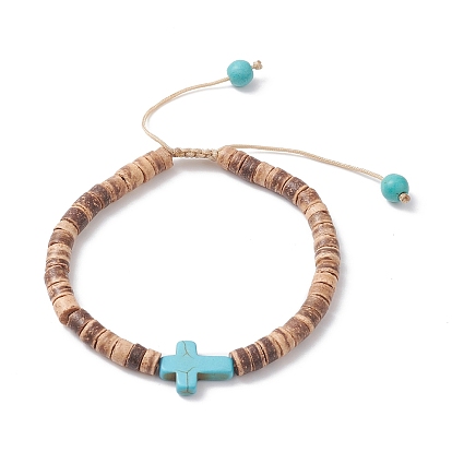 Dyed Synthetic Turquoise Corss & Coconut Disc Braided Bead Bracelet for Women