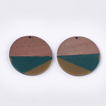 Tri-color Resin & Walnut Wood Pendants, Flat Round