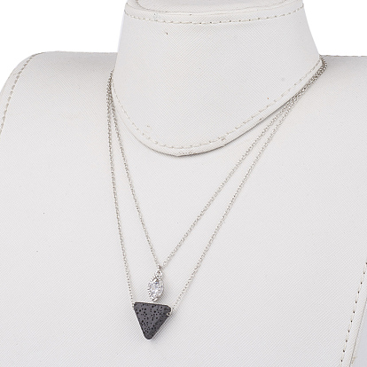Natural Lava Rock Brass Two-Tiered Necklaces, Double Layer Necklaces, with Brass Micro Pave Cubic Zirconia Pendant, Triangle
