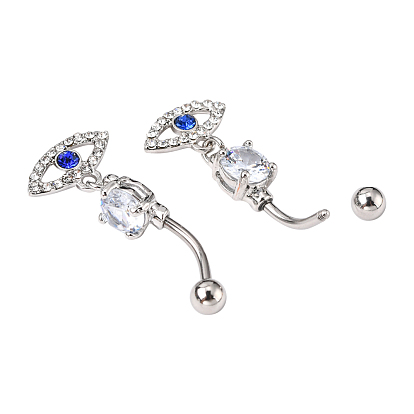 Evil Eye Drop Belly Button Rings for Women, 316 Surgical Stainless Steel Rhinestone Navel Rings, Belly Piercing Jewelry, Light Sapphire