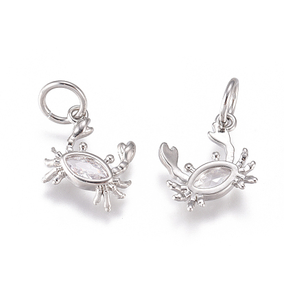 Brass Charms, with Micro Pave Cubic Zirconia and Jump Rings, Crab