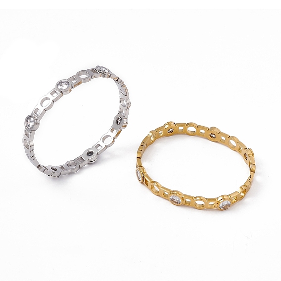 Bracelet plat rond à charnière avec zircone cubique transparente, 304 bracelet creux en acier inoxydable pour femme