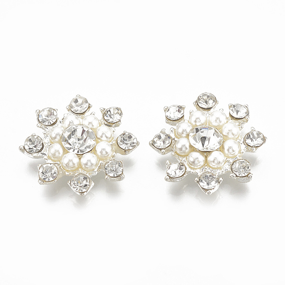 Cabujones de aleación de espalda plana, Con diamantes de imitación y abs imitación de perlas de plástico., flor, cristal
