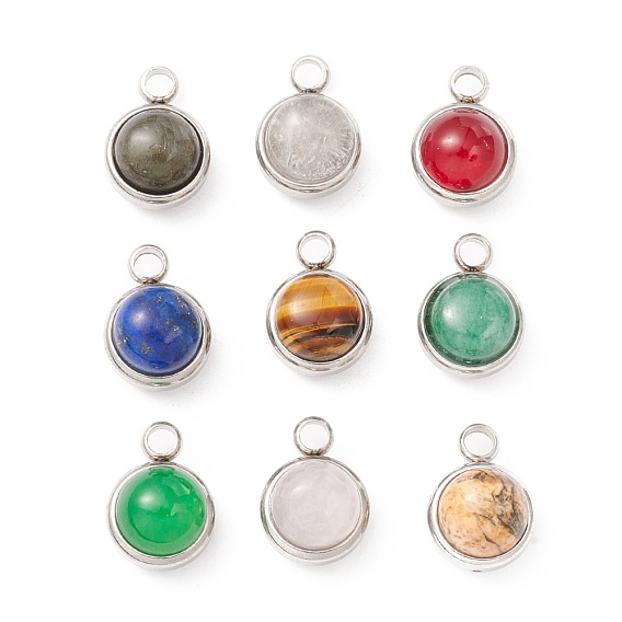 Natural Mixed Stone Pendants, with 304 Stainless Steel Findings, Half Round