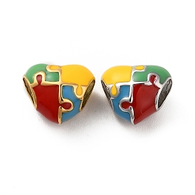 304 Stainless Steel Enamel European Beads, Large Hole Beads, Heart with Puzzle Pattern