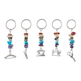 Tibetan Style Zinc Alloy Keychains, with Synthetic & Natural Mixed Gemstone and Iron Split Key Rings