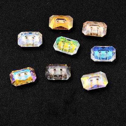 2-Hole Rectangle Glass Rhinestone Buttons, Back Plated, Faceted