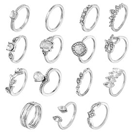 15Pcs 15 Style Crystal Rhinestone Teardrop & Horse Eye & Leaf Finger Rings, Alloy Stackable Rings for Women