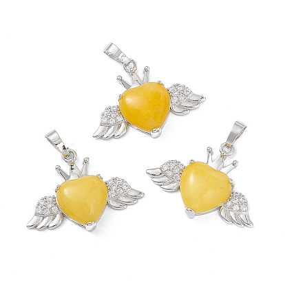 Gemstone Pendants, Heart Charms with Wings & Crown, with Platinum Tone Brass Crystal Rhinestone Findings