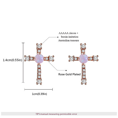 Real Rose Gold Plated, Brass Stud Earrings, Lead Free & Cadmium Free, with Grade AAAAA Cubic Zirconia & Resin Imitation Opal, Cross