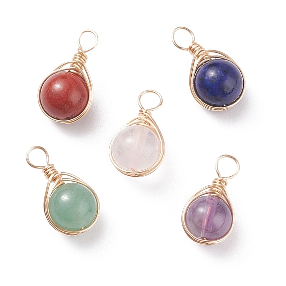 Natural Gemstone Pendants, with Real 18K Gold Plated Copper Wire Wrapped, Round