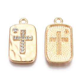 Rack Plating Alloy Pendants, with Rhinestone, Rectangle with Cross, Light Gold, Cadmium Free & Nickel Free & Lead Free