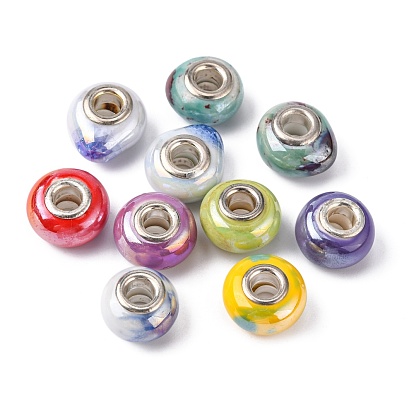 Electroplated Glass European Beads, Large Hole Rondelle Beads, with Silver Color Plated Brass Cores, 15x10mm, Hole: 5mm