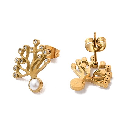 Crystal Rhinestone Tree of Life Stud Earrings with Plastic Pearl Beaded, Ion Plating(IP) 304 Stainless Steel Jewelry