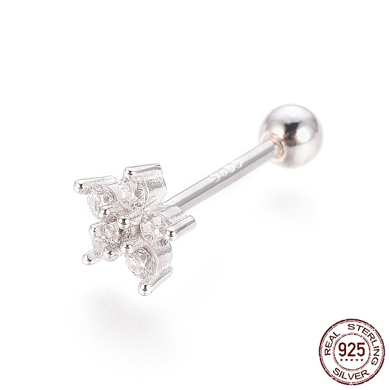 925 Sterling Silver Barbell Cartilage Earrings, Screw Back Earrings, with Micro Pave Clear Cubic Zirconia, with 925 Stamp, Flower