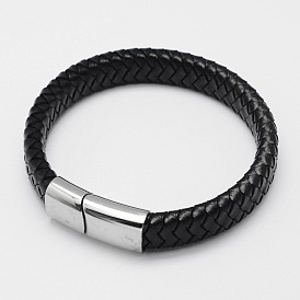 Bracelets cordon cuir tressé, avec 304 fermoirs magnétiques en acier inoxydable, 205x12x6mm