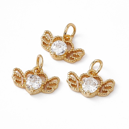 Rack Plating Brass Cubic Zirconia Charms, Heart with Wing Charm, with Jump Ring, Long-Lasting Plated, Real 18K Gold Plated, Lead Free & Cadmium Free
