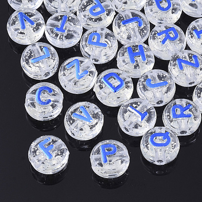 Placage perles acryliques transparents, avec de la poudre de paillettes, métal enlacée, trou horizontal, plat rond avec la lettre