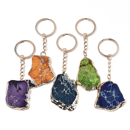 Porte-clés regalite naturelle / jaspe impérial / jaspe sédiments marins, avec bord plaqué or et porte-clés fendus en acier inoxydable or clair, teint, nuggets