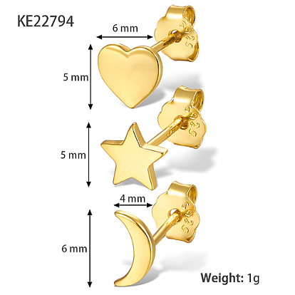 3Pcs 3 Style 925 Sterling Silver Stud Earrings, Moon & Star & Heart, with S925 Stamp