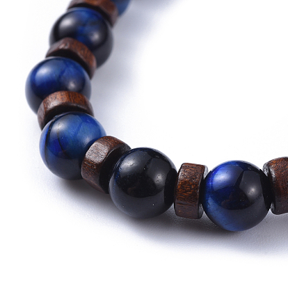 Bracelets élastiques de pierres précieuses naturelles, avec des perles de bois et des perles d'alliage tibétain, cube avec ohm